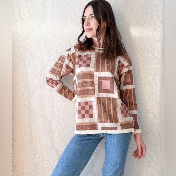 Vintage 90s Susan Bristol Patchwork Sweater – Ribbed Knit Trim in Warm Neutral - Picture 1 of 9